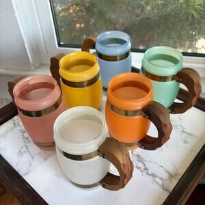 Vintage Siesta Ware Multicolor Frosted Glass Mugs Wood Handle Set of 6